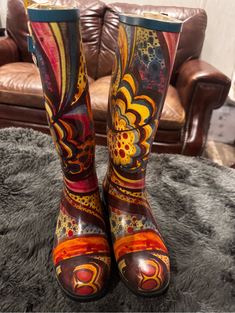 Hand-Painted Multicolor Floral Rain Boots - Bold Yellow & Orange Design